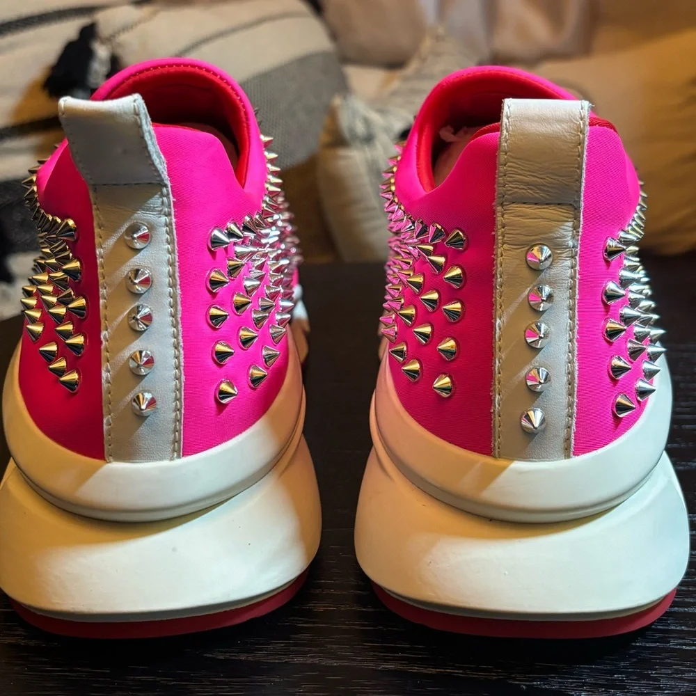 NWOB - Christian Louboutin Neon Pink Studded Sneakers - Picture 5 of 10